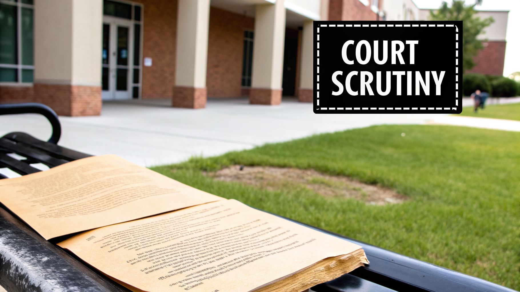 Legal documents on a park bench outside a modern building, with a 'COURT SCRUTINY' sign.