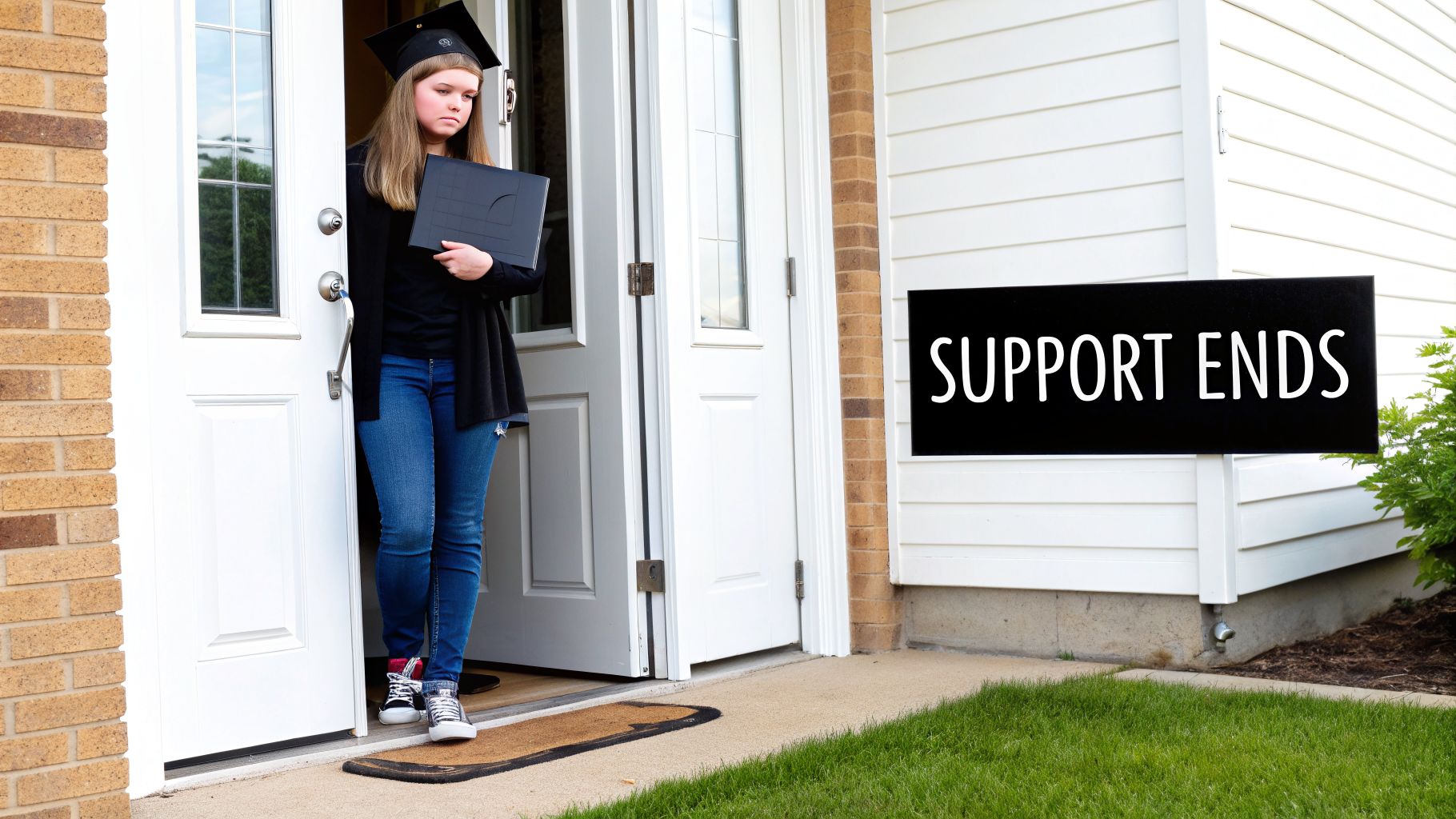 A sad graduate in a cap and gown holds a diploma, standing by a door with a "SUPPORT ENDS" sign.