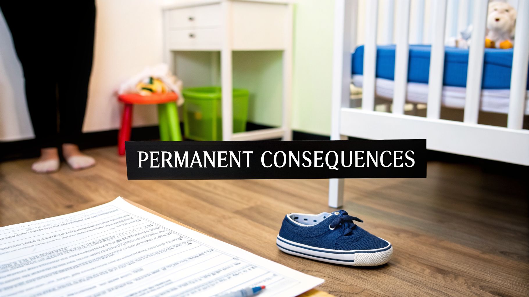 A black banner displays 'Permanent Consequences' above a baby shoe, crib, and legal document on a wooden floor.