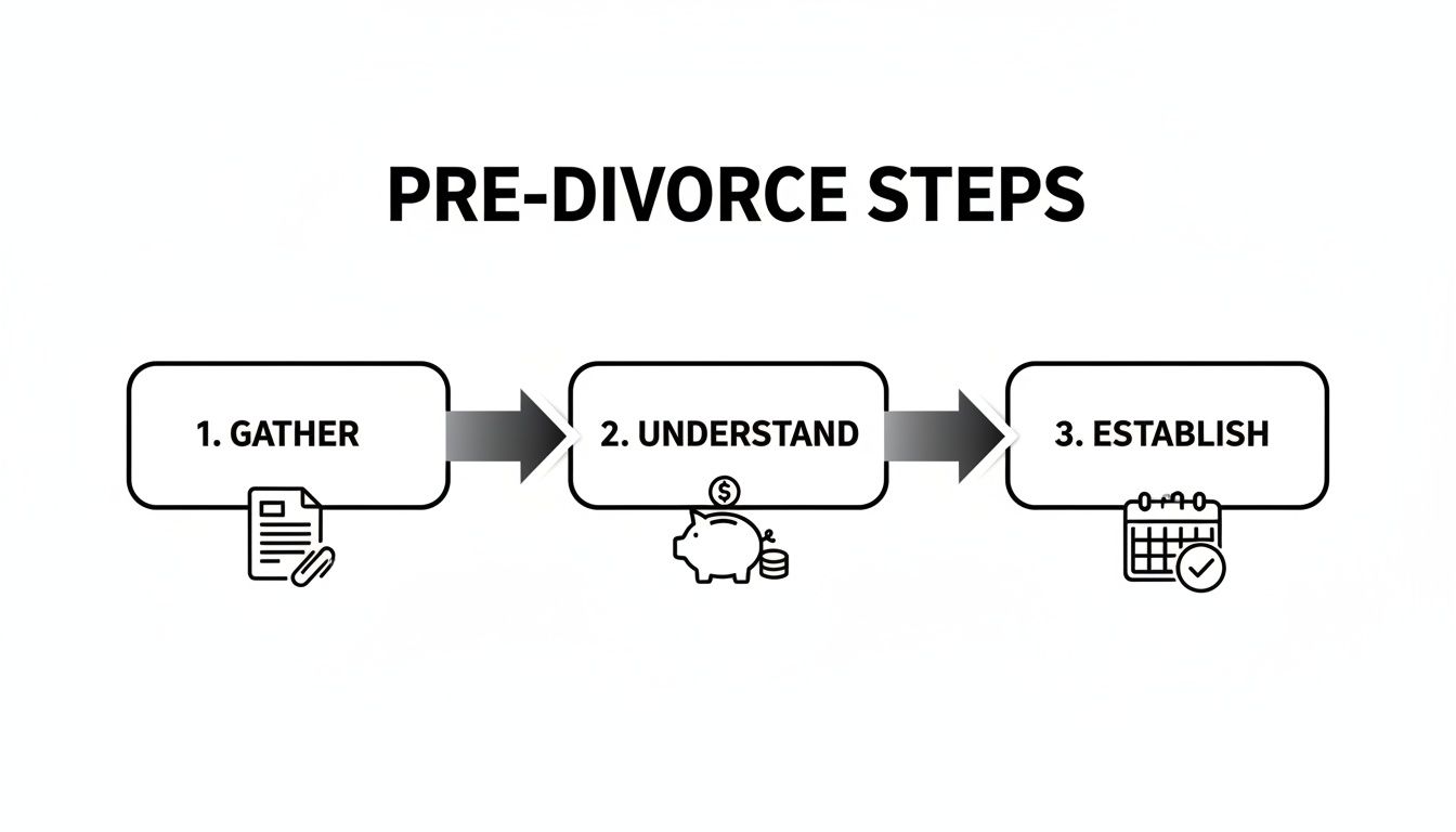 Infographic illustrating three pre-divorce steps: Gather, Understand finances, and Establish a plan.