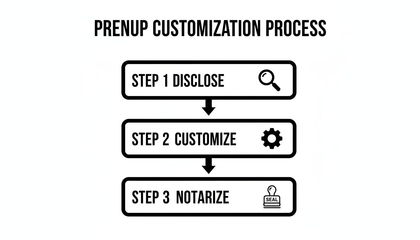 A three-step prenuptial agreement customization process: disclose, customize, and notarize.