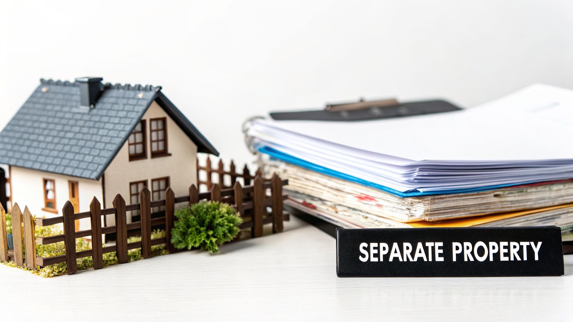 A miniature house model, a fence, documents, and a 'Separate Property' sign on a white table.