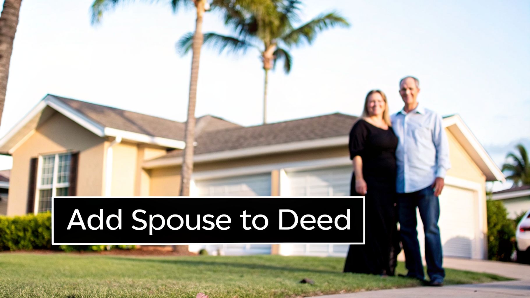 A smiling couple stands in front of their home with a sign that says "Add Spouse to Deed".