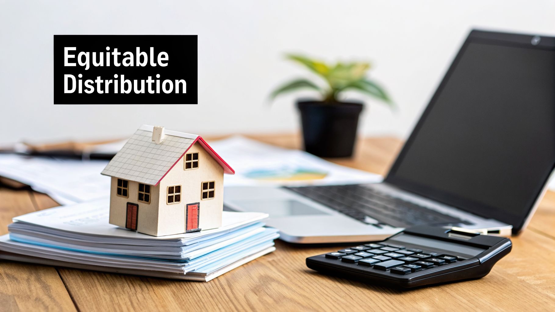 A miniature house, calculator, and laptop on a wooden desk with 'Equitable Distribution' text.