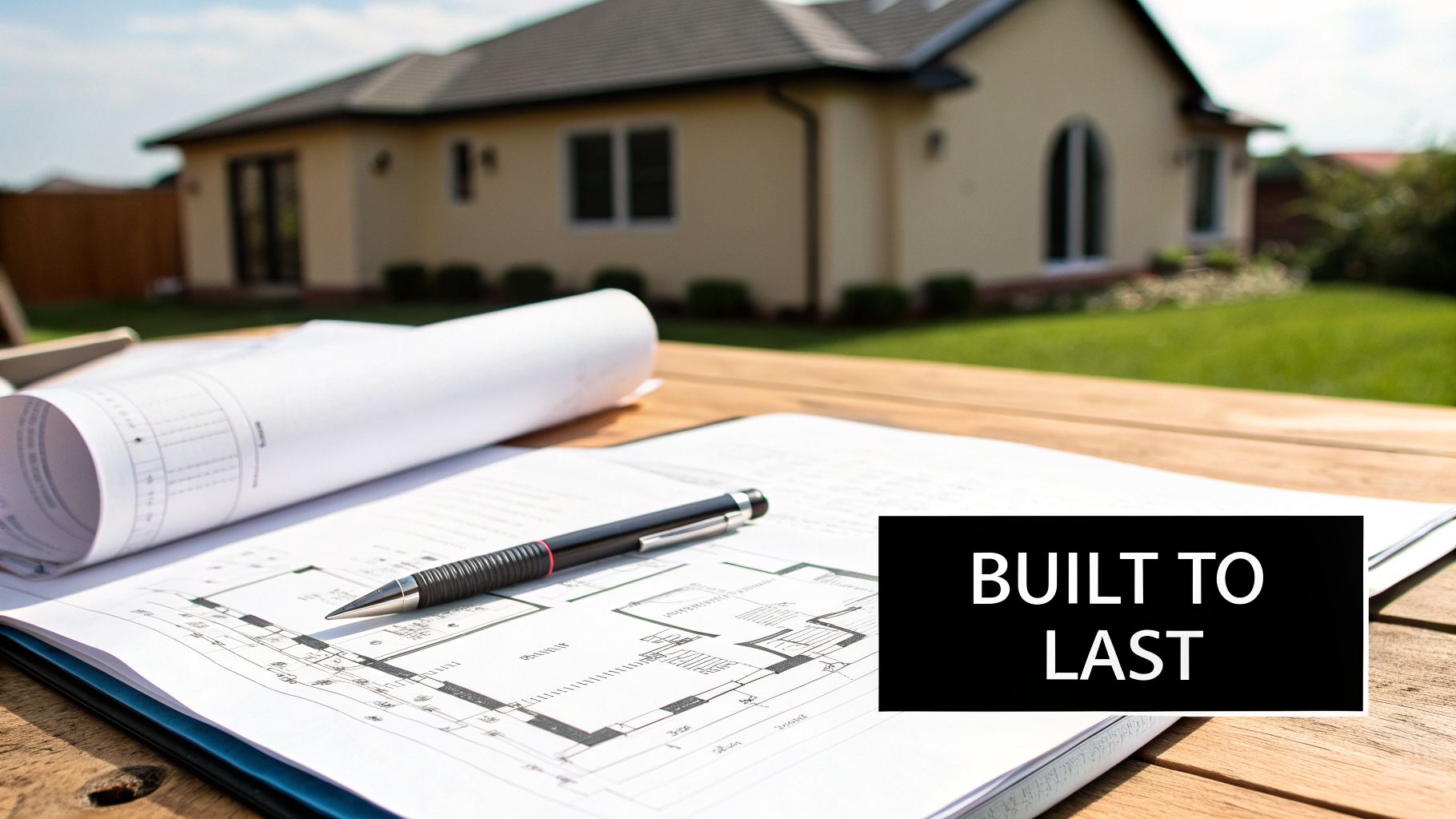 Architectural plans and a pen on a wooden table with a modern house in the background.