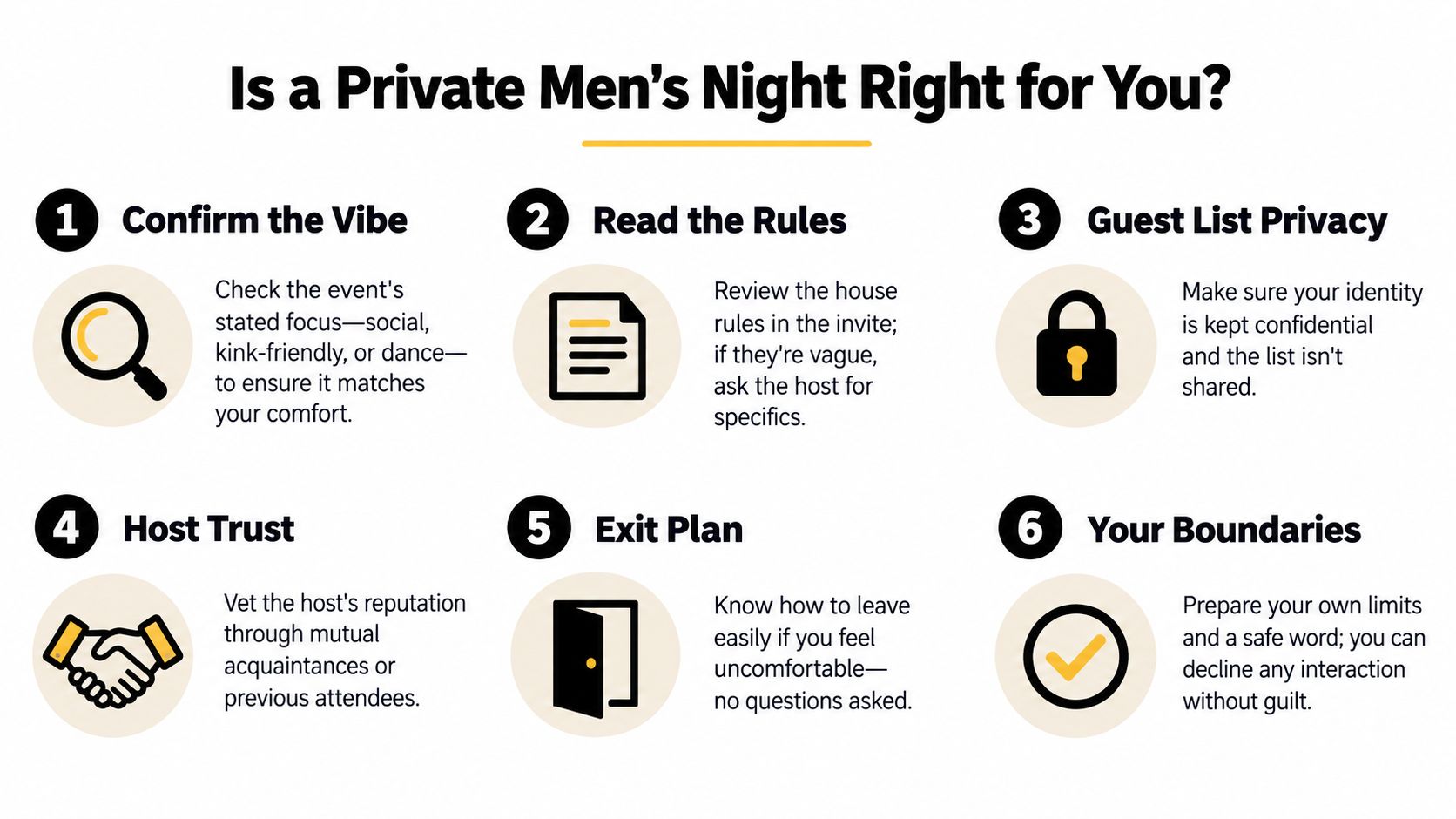 A six-step guide infographic titled Is a Private Men's Night Right for You? with actionable safety advice.