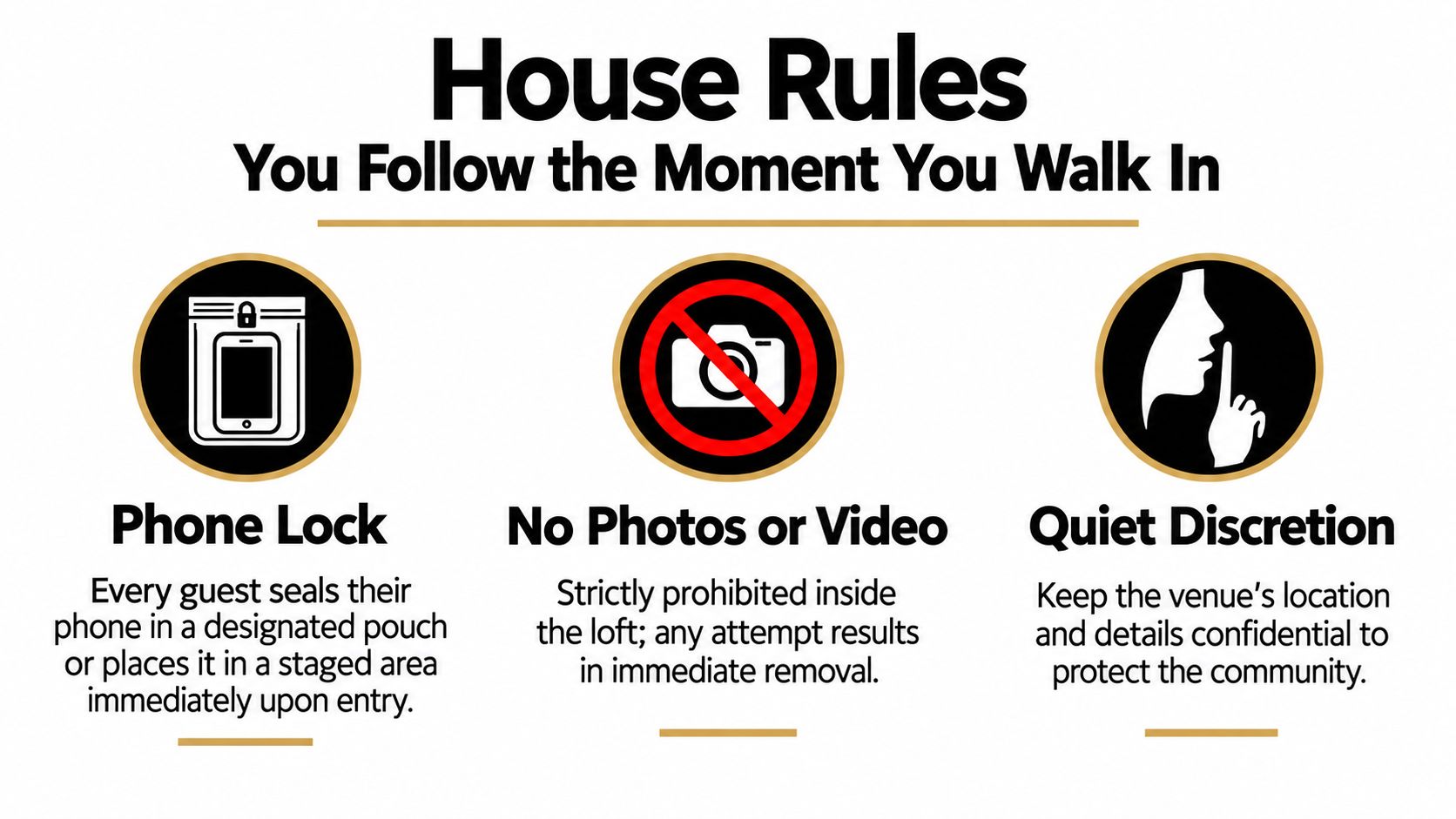 A house rules sign for an event requiring locked phones, no photography, and venue confidentiality.