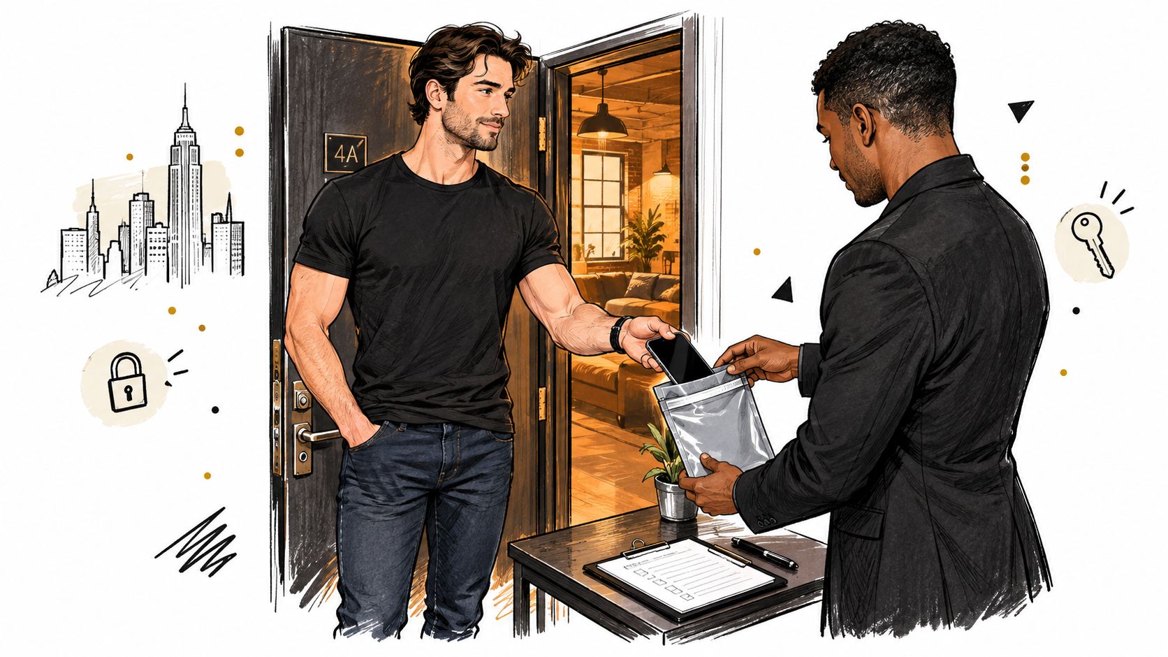 A man in a black t-shirt hands a phone to a professional in a suit at a doorway.