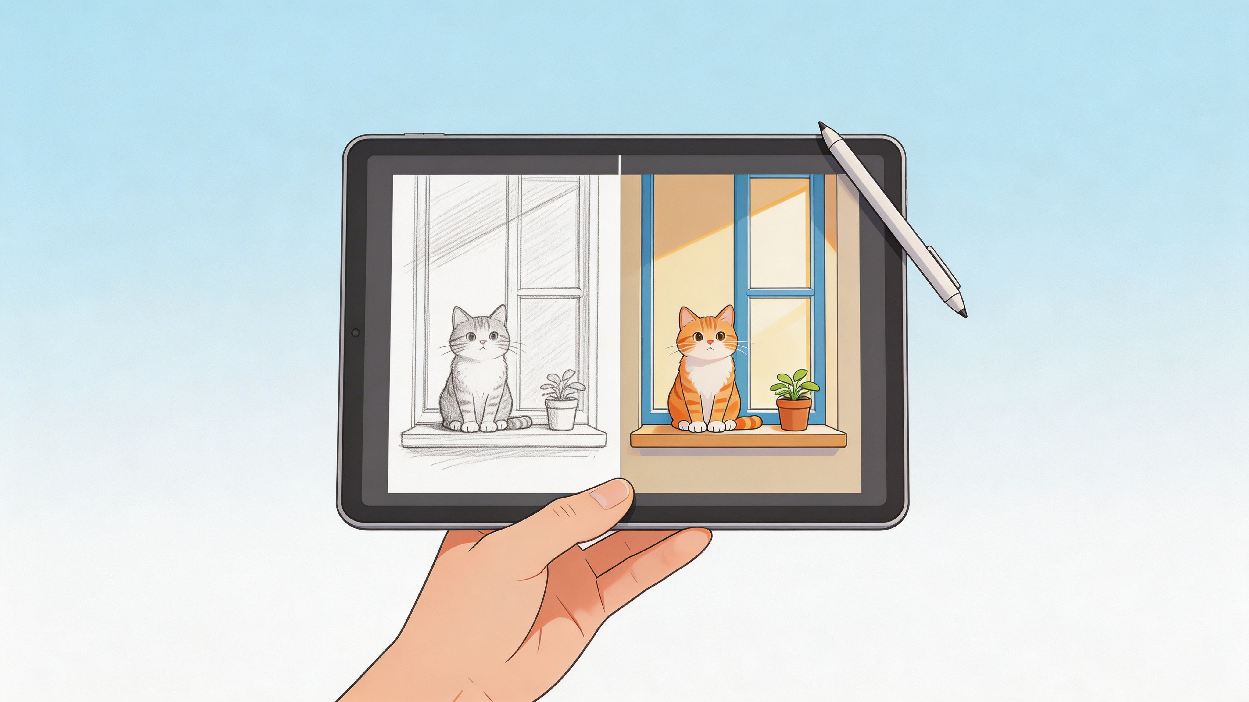 A hand holding an iPad displaying a split-screen view of a pencil sketch and its colored illustration.