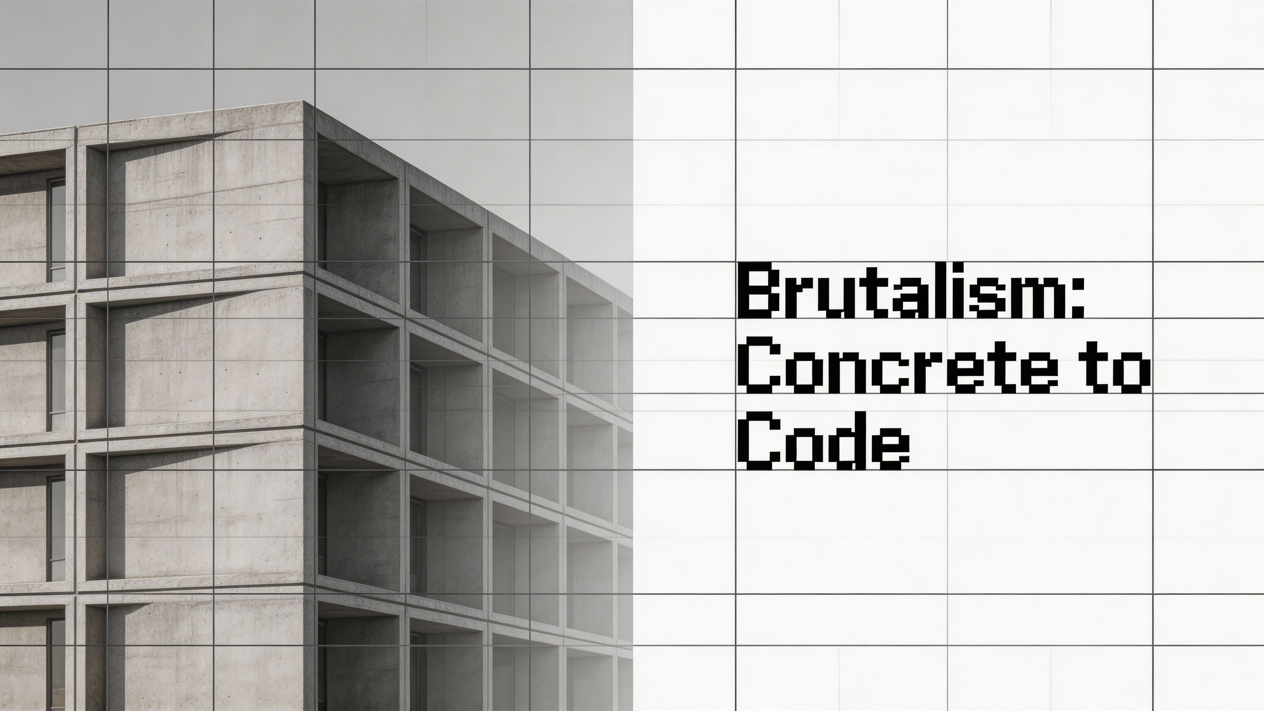 A minimalist graphic showcasing a concrete brutalist building alongside the text Brutalism: Concrete to Code.