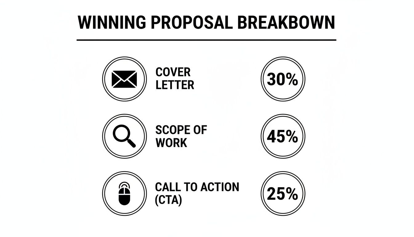Infographic showing a winning proposal breakdown with percentages for cover letter, scope of work, and call to action.