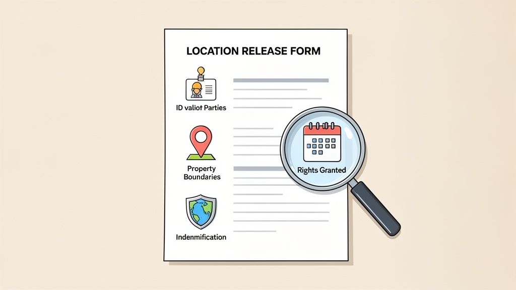 A document titled 'LOCATION RELEASE FORM' detailing ID, property boundaries, indemnification, and rights granted.