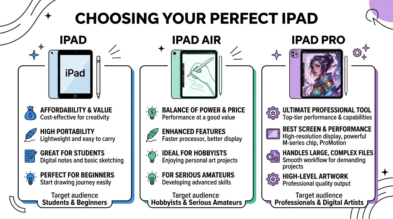 A comparison guide for choosing the right iPad model for drawing, highlighting key features for different users.