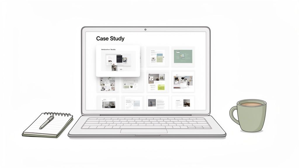 Illustrated workspace with a laptop displaying a 'Case Study,' a notebook with a pen, and a coffee mug.