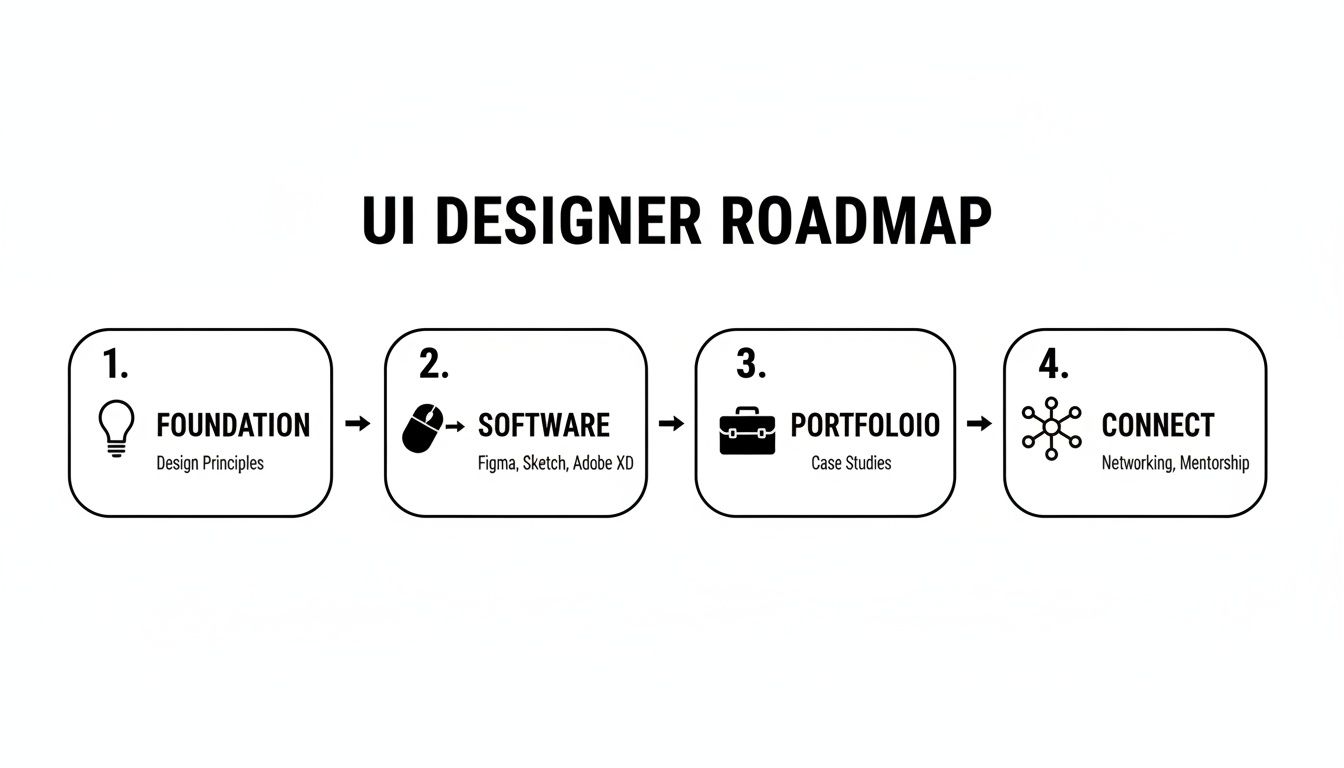 A four-step UI designer roadmap illustrating foundation, software, portfolio, and connect stages.