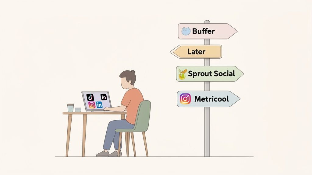 Person on laptop with social media logos facing a signpost listing social media scheduling tools.
