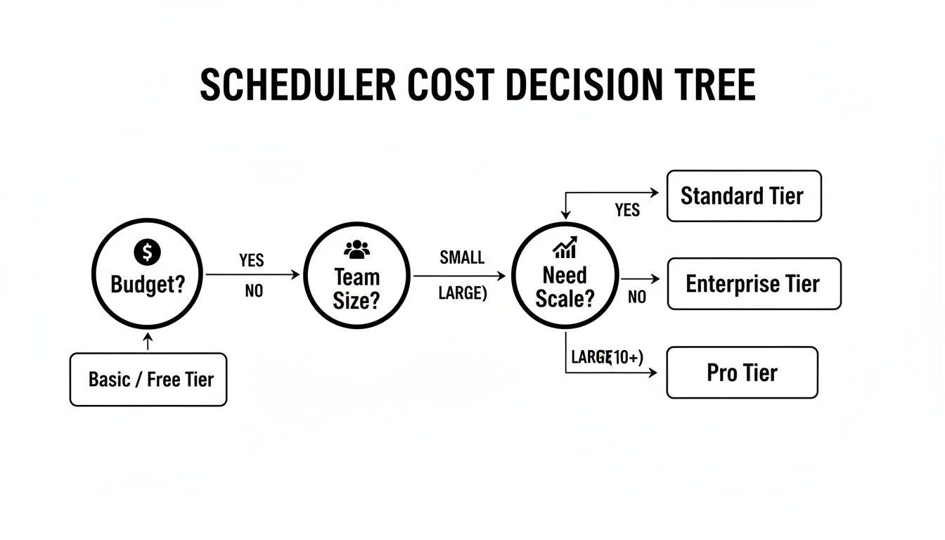 Scheduler cost decision tree showing paths to different tiers: Basic, Standard, Enterprise, and Pro.