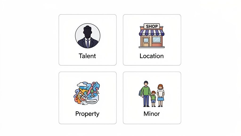 Four white squares display icons and labels: Talent (man in suit), Location (shop), Property (abstract art), and Minor (family).