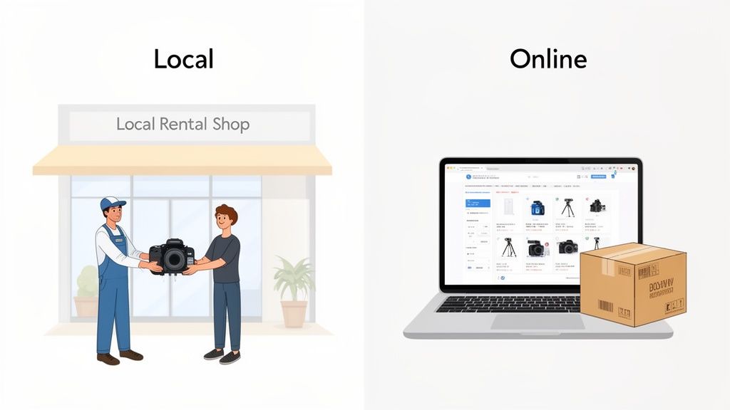 Illustrates local in-person and online delivery options for renting camera and film equipment.