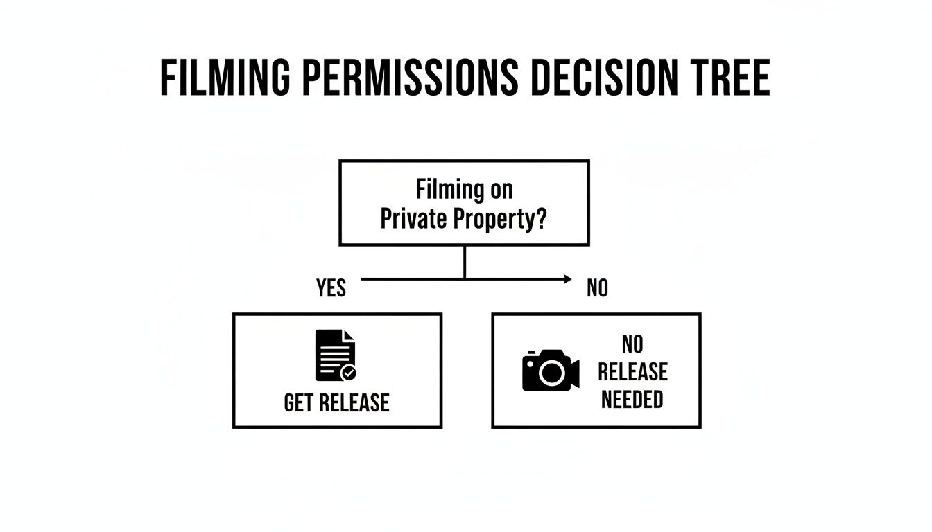 Decision tree illustrating when a location release form is required for filming on private property.
