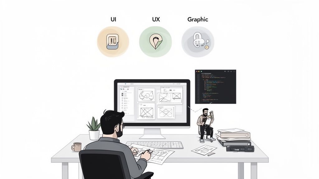 Illustration of a designer creating UI/UX wireframes at a desk, with concepts for UI, UX, and graphic design.
