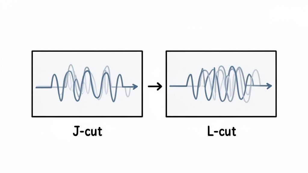 Diagram illustrating the difference between J-cut and L-cut video editing techniques with waveform representations.