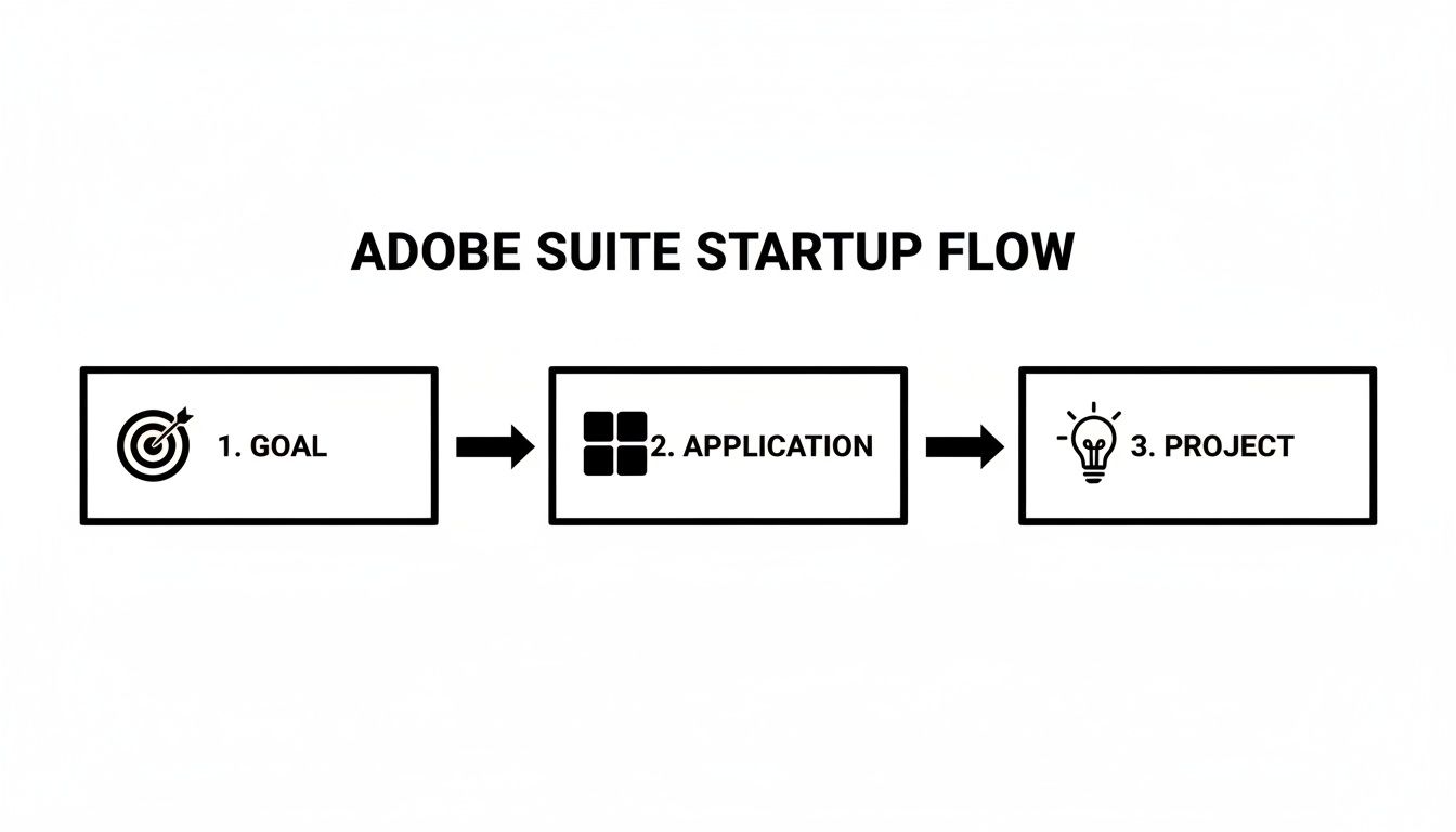 A three-step flowchart illustrating the Adobe Suite startup process: Goal, Application, and Project.