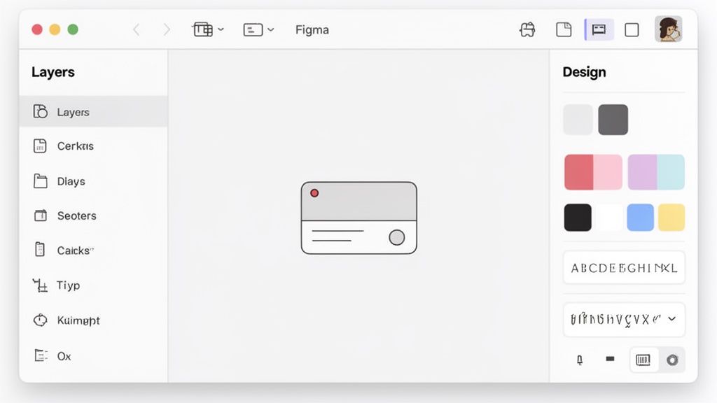 A Figma design interface showing layers panel, a simple UI card element, and design properties.