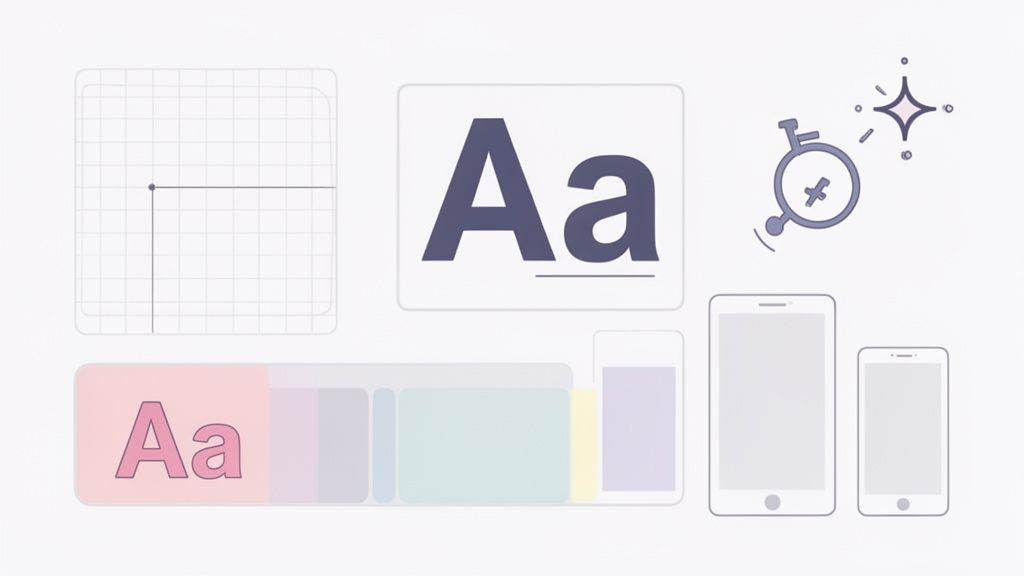 Illustration of UI/UX design concepts including grids, typography, responsive mobile screens, and efficiency.