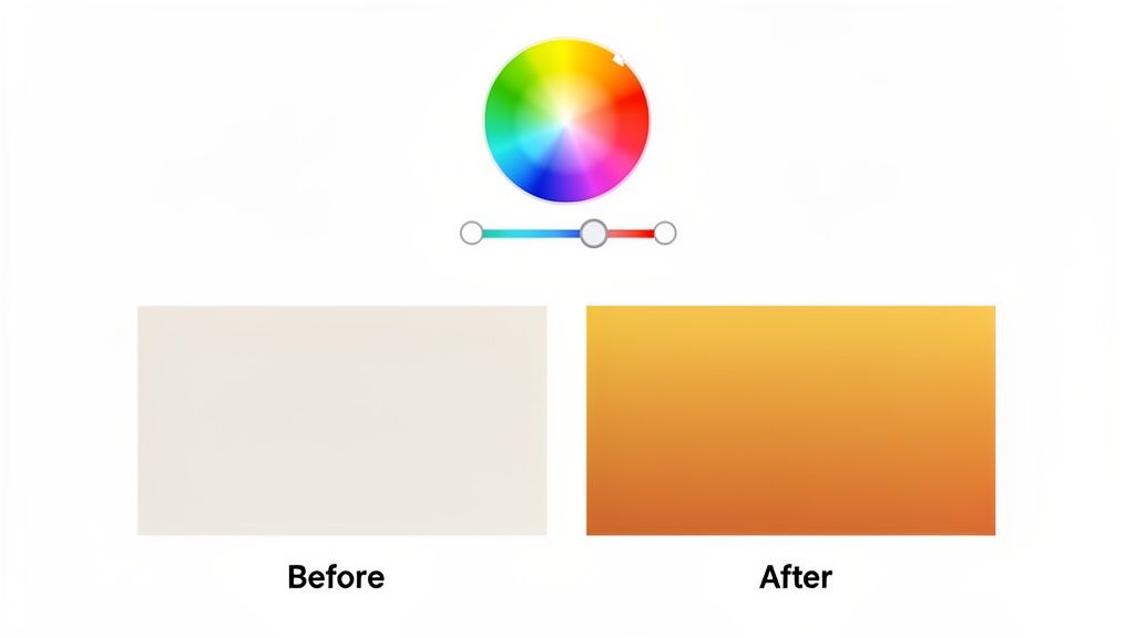 A color adjustment interface showing a color wheel, a slider set to orange, and 'Before' (beige) and 'After' (orange) color blocks.