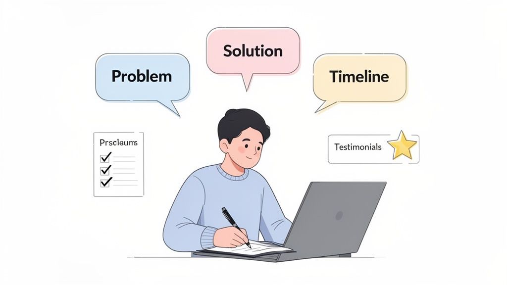 A person writing a business plan on a laptop, with thought bubbles for Problem, Solution, and Timeline.