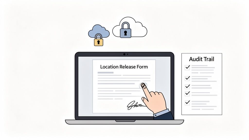 A hand signs a digital location release form on a laptop, with secure cloud storage and an audit trail.