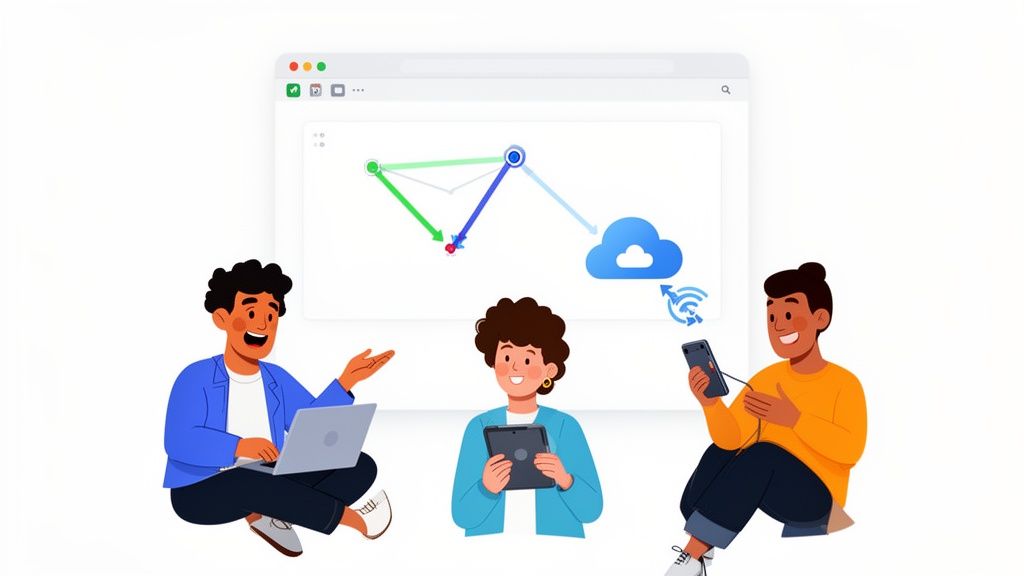 Three diverse people collaborate with digital devices, connected to a cloud network displayed on a screen.