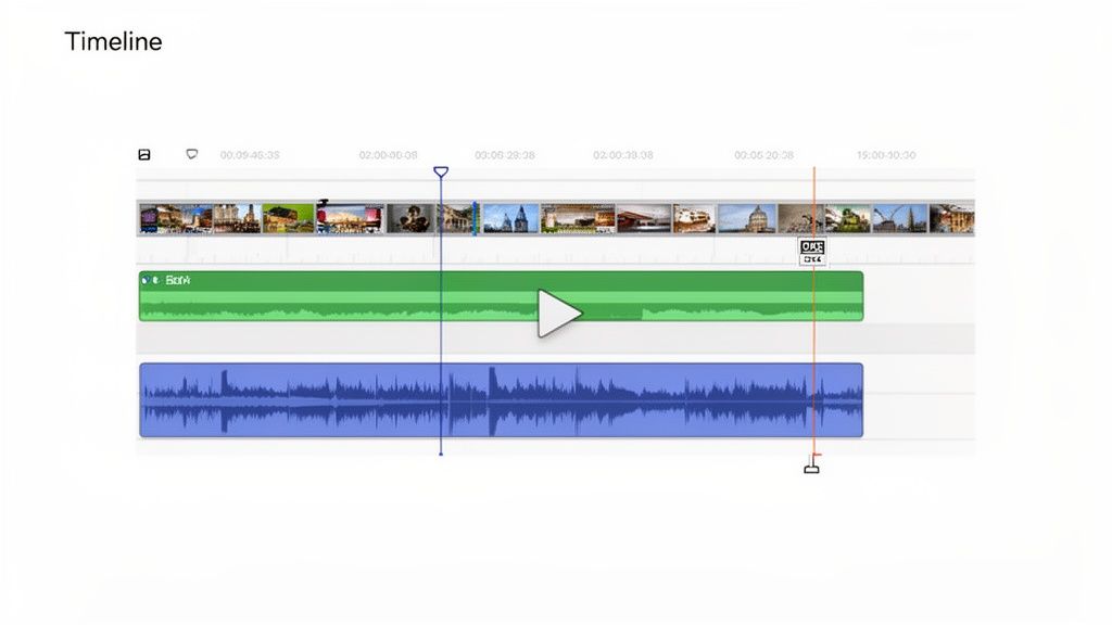 A digital video editing timeline displaying multiple video clips, audio waveforms, a playhead, and time markers.