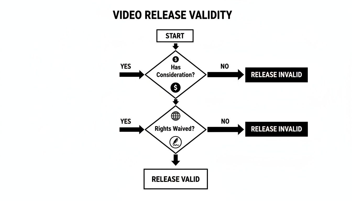 Flowchart illustrating the conditions for video release validity based on consideration and rights waiver.