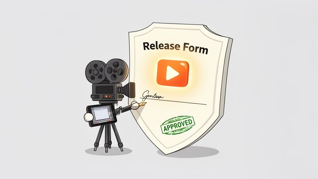 A cartoon film camera with a tablet signs an 'Approved' video release form with a YouTube logo.