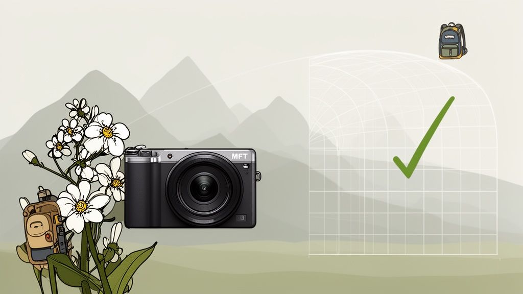 Compact MFT camera with wide lens, white flowers, and backpacks against a mountain backdrop.