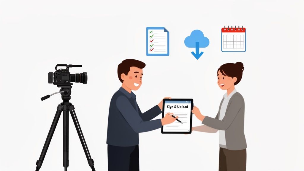 Man and woman signing a digital release form on a tablet, with video production and digital workflow icons.