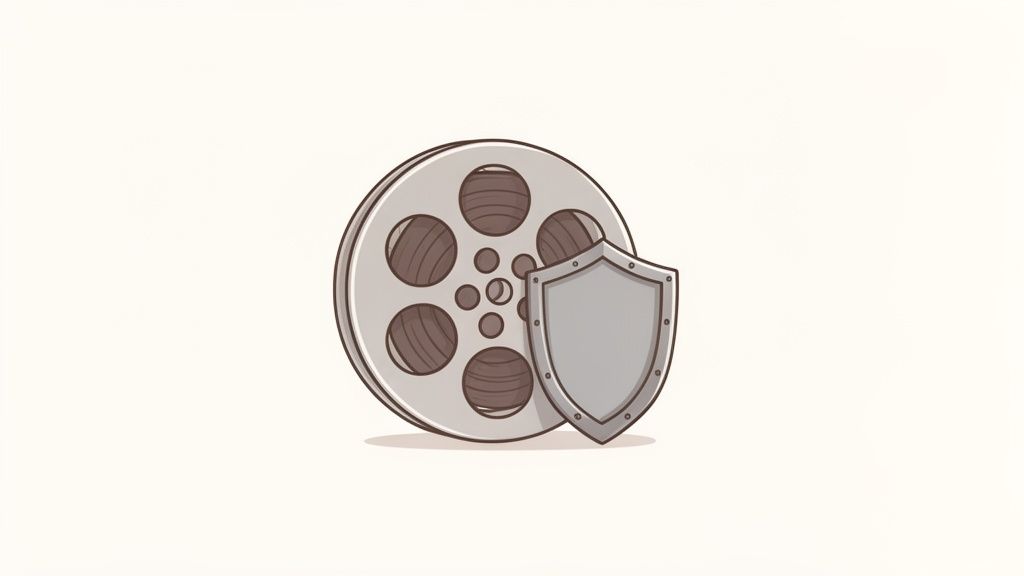 An illustration of a classic film reel standing beside a grey shield, symbolizing media protection.