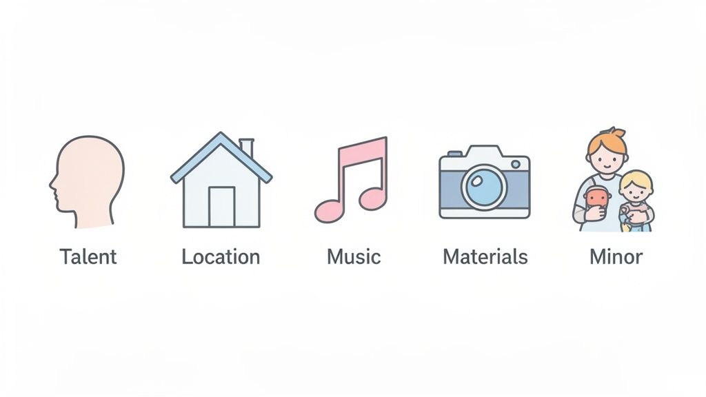Five icons representing 'Talent', 'Location', 'Music', 'Materials', and 'Minor' for film production considerations.