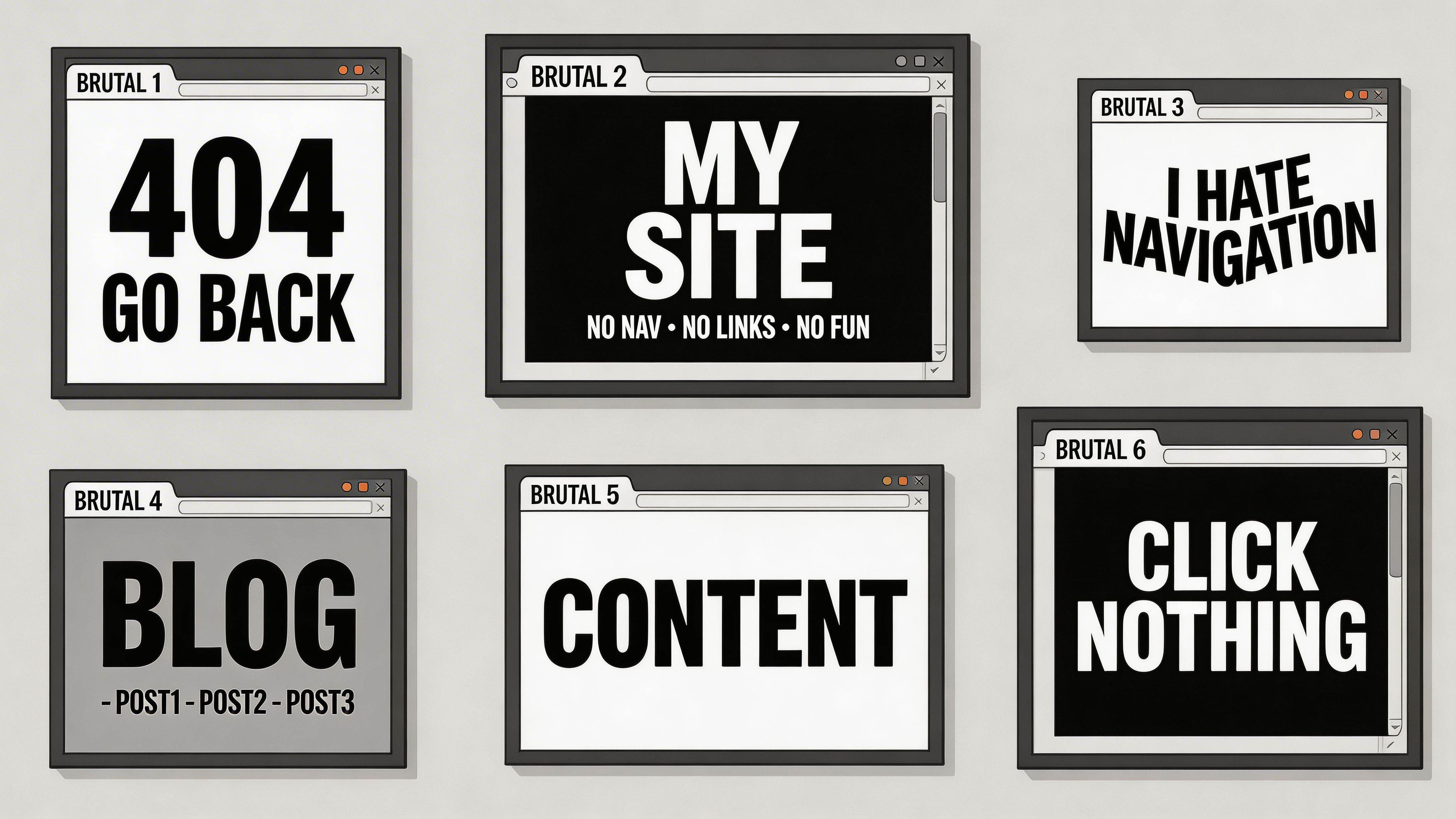A grid of six browser windows featuring minimalist, black and white brutalist web design concepts and text.