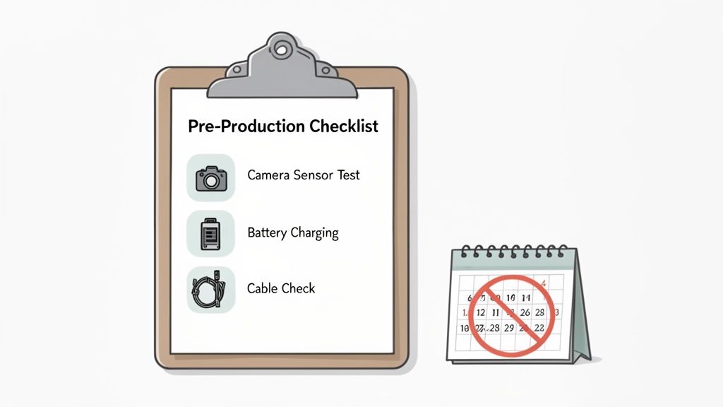 A pre-production checklist on a clipboard next to a calendar with a red cross, indicating delays.