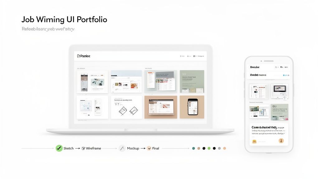 A UI design portfolio displayed on a laptop and smartphone, illustrating the design workflow.