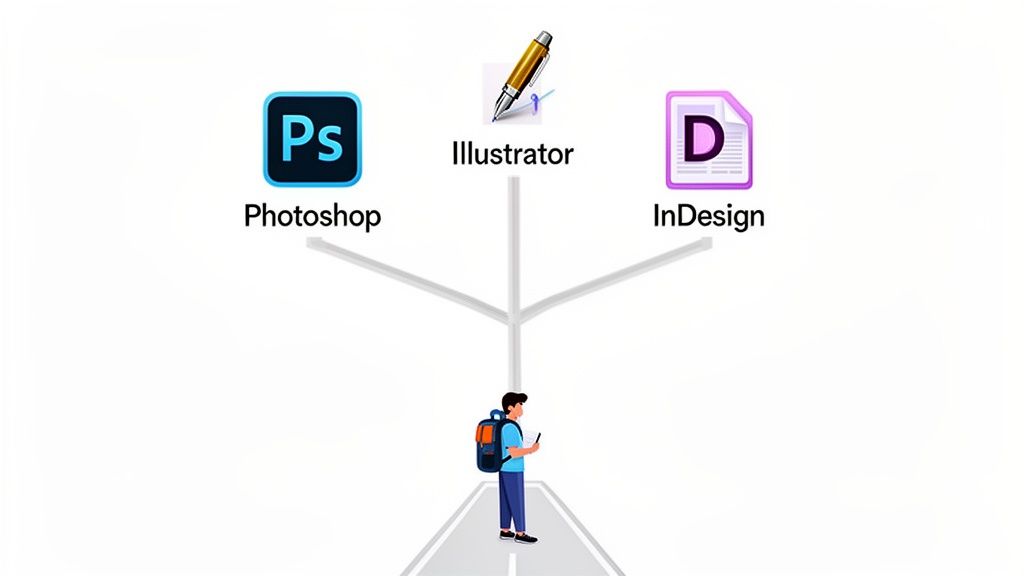 A person stands at a crossroads, choosing between Photoshop, Illustrator, and InDesign for creative work.