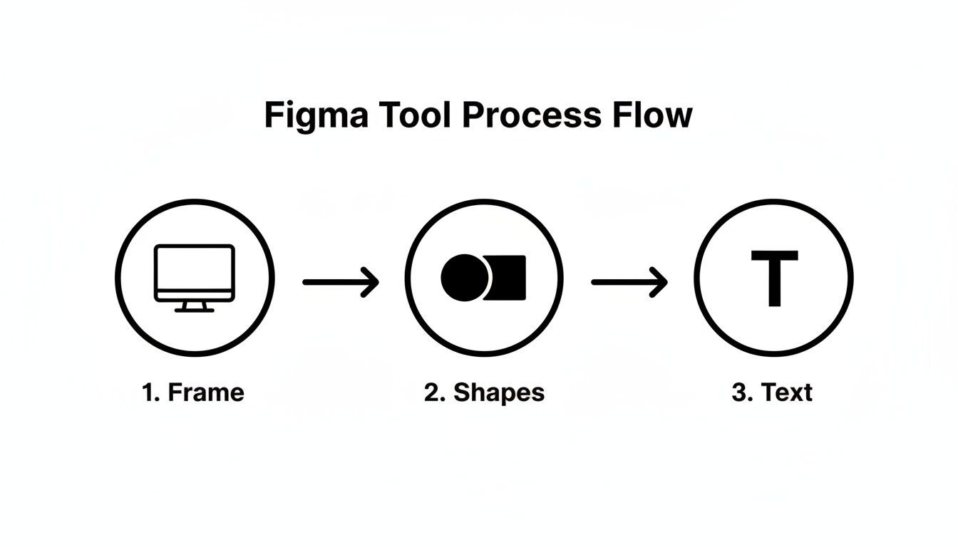 A diagram illustrating the Figma tool process flow, showing steps: Frame, Shapes, and Text.