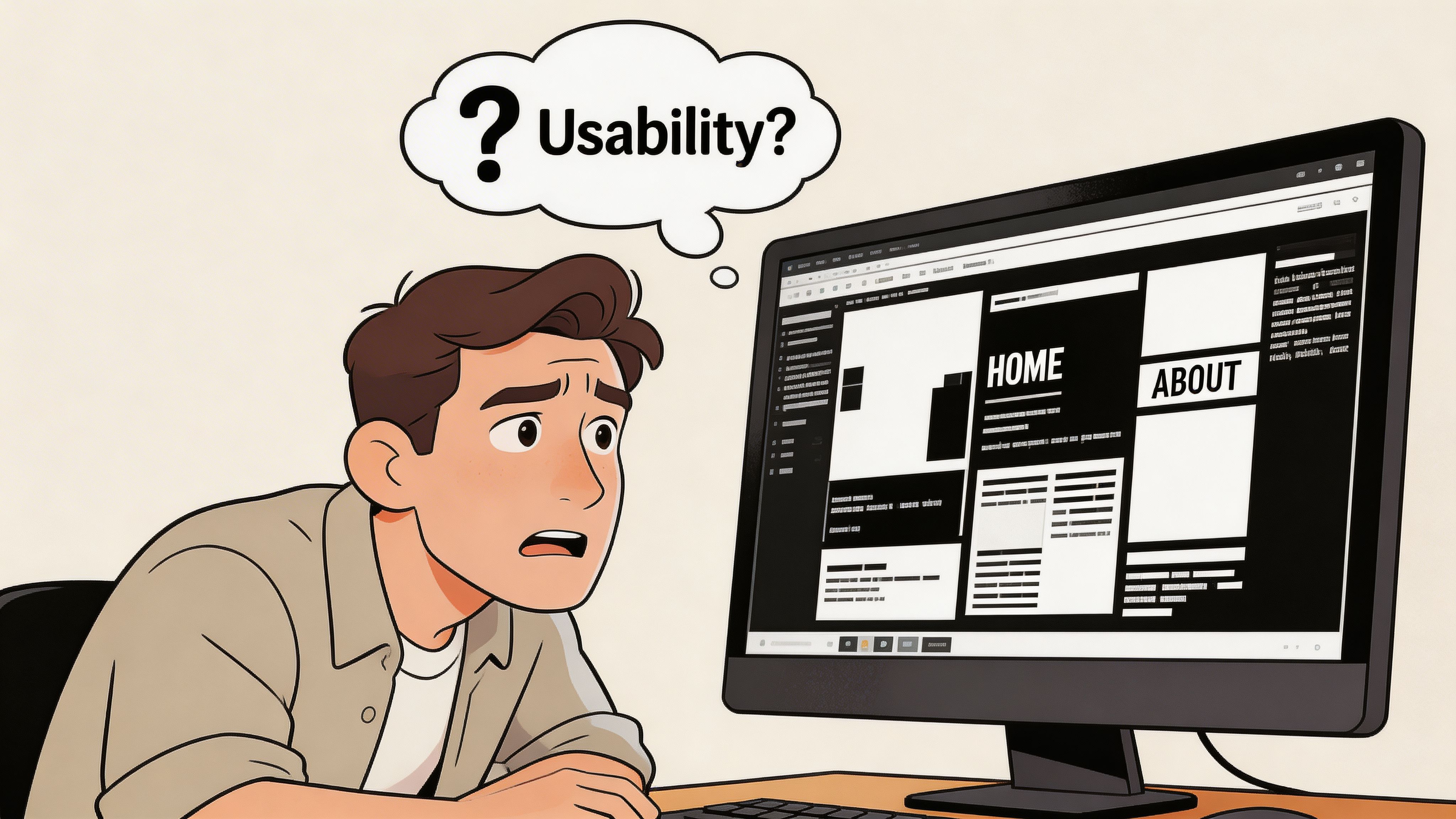 A confused person looking at a computer screen showing a complex, poorly designed website layout.