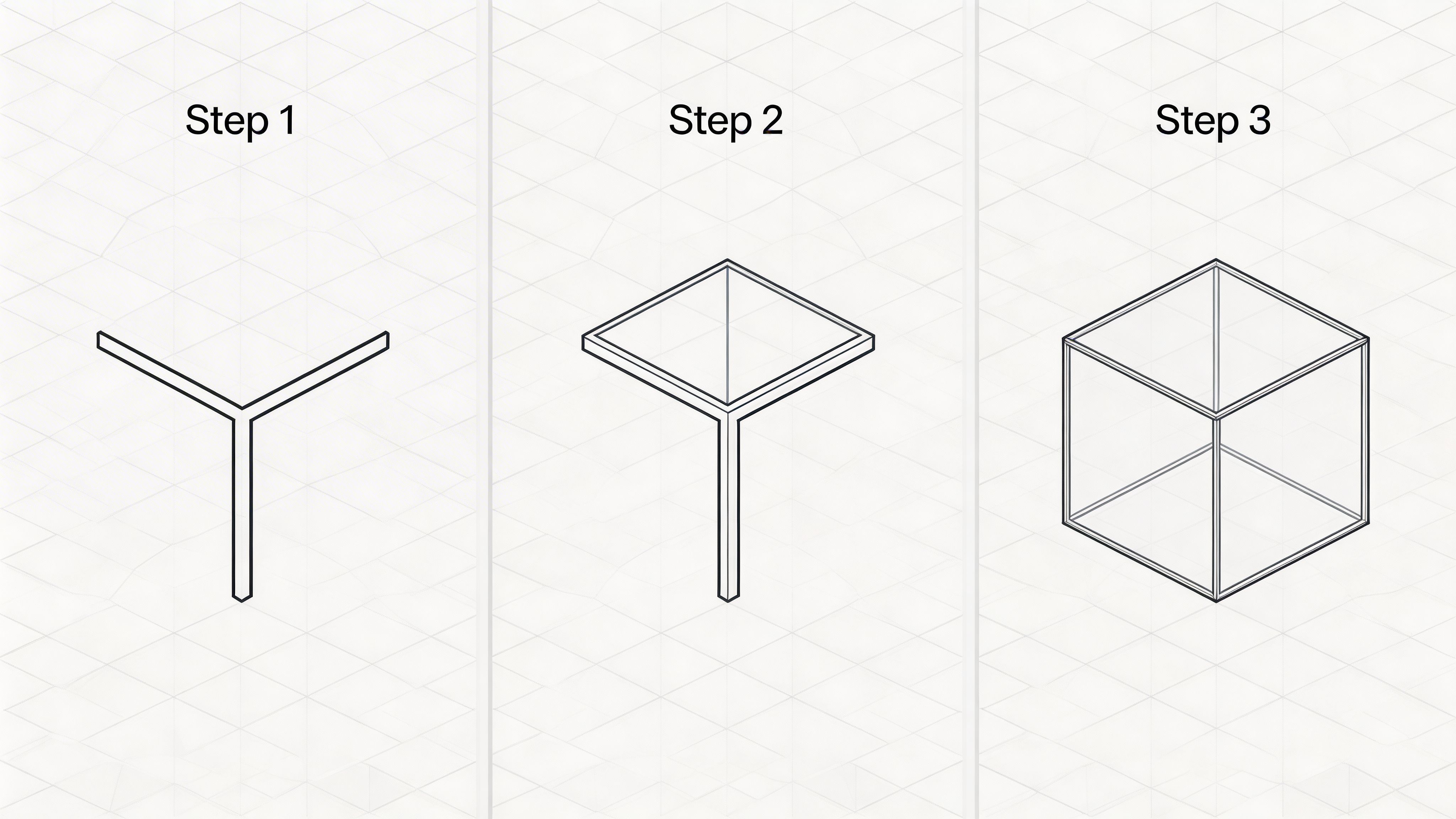 A tutorial illustration showing three steps to draw a simple isometric cube on a grid background.
