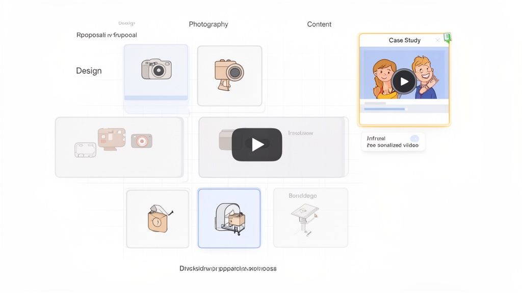 A digital interface with 'Design', 'Photography', and 'Content' sections, featuring camera icons, videos, and a 'Case Study' preview.