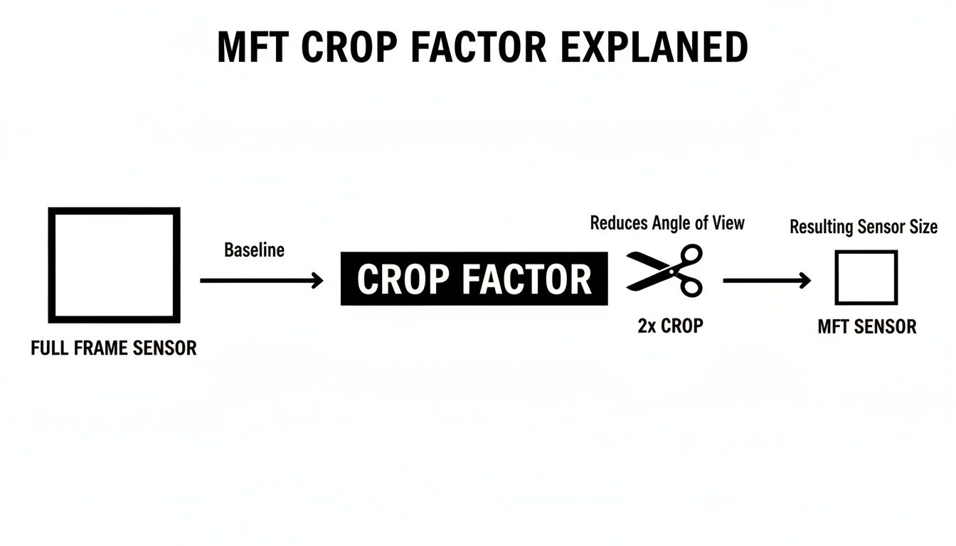 Diagram illustrating MFT crop factor, showing full-frame sensor reduced to a smaller MFT sensor.
