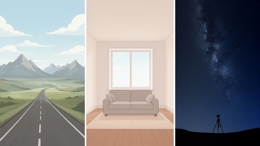 A three-panel image: a mountain road, an empty room with a sofa, and a starry night with a telescope.